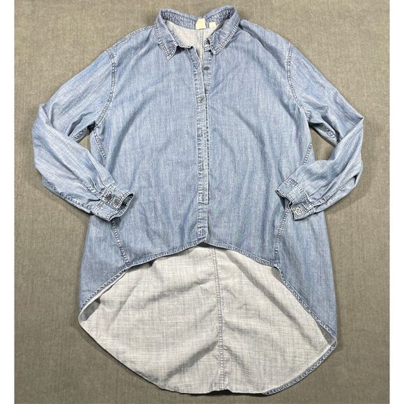 The Fisher Project Chambray Shirt Women L Blue Denim High Low Coastal Minimal - Picture 1 of 7